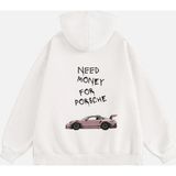 Mad&Calf Unisex Need Money For Porsche Baskılı Kapüşonlu Polarlı Oversize Sweatshirt Ekru S