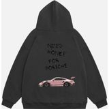 Mad&Calf Unisex Need Money For Porsche Baskılı Kapüşonlu Polarlı Oversize Sweatshirt Füme 2XL