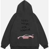 Mad&Calf Unisex Need Money For Porsche Baskılı Kapüşonlu Polarlı Oversize Sweatshirt Füme S