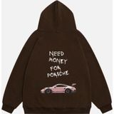 Mad&Calf Unisex Need Money For Porsche Baskılı Kapüşonlu Polarlı Oversize Sweatshirt Kahverengi S
