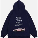 Mad&Calf Unisex Need Money For Porsche Baskılı Kapüşonlu Polarlı Oversize Sweatshirt Lacivert L