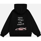 Mad&Calf Unisex Need Money For Porsche Baskılı Kapüşonlu Polarlı Oversize Sweatshirt Siyah L