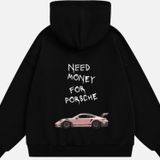 Mad&Calf Unisex Need Money For Porsche Baskılı Kapüşonlu Polarlı Oversize Sweatshirt Siyah XL