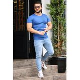 Madmext 4077 Saks Bisiklet Yaka Basic Erkek T-shirt