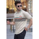 Madmext 5869 Erkek Bej Çizgili Polo Yaka Tişört