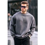 Madmext 6048 Füme Bisiklet Yaka Oversize Şardonlu Basic Erkek Sweatshirt
