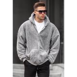 Madmext 6049 Gri Peluş Over Fit Kapüşonlu Fermuarlı Erkek Sweatshirt