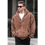 Madmext 6049 Kahverengi Peluş Over Fit Kapüşonlu Fermuarlı Erkek Sweatshirt