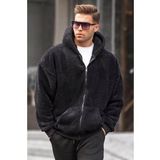 Madmext 6049 Siyah Peluş Over Fit Kapüşonlu Fermuarlı Erkek Sweatshirt