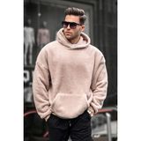 Madmext 6050 Bej Peluş Kapüşonlu Erkek Sweatshirt