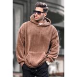Madmext 6050 Kahverengi Peluş Kapüşonlu Erkek Sweatshirt