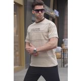 Madmext 6063 Bej Bisiklet Yaka Çizgili Erkek T-shirt