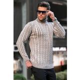 Madmext 6317 Bej Balıkçı Yaka Örgü Detaylı Erkek Kazak