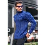Madmext 6317 İndigo Balıkçı Yaka Örgü Detaylı Erkek Kazak