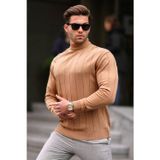 Madmext 6344 Bej Slim Fit Yarım Balıkçı Yaka Çizgili Tüylenmeyen Erkek Triko Kazak