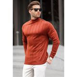 Madmext 6344 Kiremit Slim Fit Yarım Balıkçı Yaka Çizgili Erkek Triko Kazak