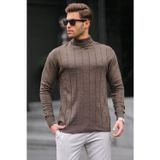 Madmext 6344 Koyu Kahverengi Slim Fit Yarım Balıkçı Yaka Çizgili Erkek Triko Kazak