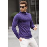 Madmext 6344 Lacivert Slim Fit Yarım Balıkçı Yaka Çizgili Tüylenmeyen Erkek Triko Kazak