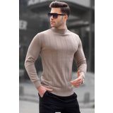 Madmext 6344 Vizon Slim Fit Yarım Balıkçı Yaka Çizgili Tüylenmeyen Erkek Triko Kazak