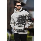 Madmext 7059 Boyalı Gri Kapüşonlu Desenli Cep Detaylı Erkek Sweatshirt