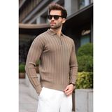 Madmext Açık Kahve Fermuarlı Polo Yaka Dokulu Erkek Triko Kazak E7523 - Açık Kahverengi - XL