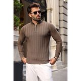 Madmext Açık Kahve Slim Fit Hakim Yaka Fermuarlı Erkek Triko Kazak E7518 - Açık Kahverengi
