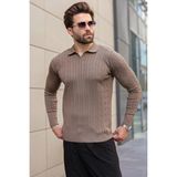 Madmext Açık Kahverengi Polo Yaka Saç Örgü Desenli Erkek Triko Kazak E7519 - 2XL