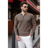 Madmext Açık Kahverengi Polo Yaka Yarım Fermuarlı Dokulu Erkek Triko Kazak E7510 - XL