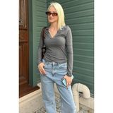 Madmext Antrasit Polo Yaka Fitilli Kadın Body MG2566