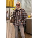 Madmext Bebe Mavisi Oversize Ekose Desenli Kadın Gömlek Mg2589,Bebe Mavisi M