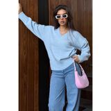 Madmext Bebe Mavisi V Yaka Oversize Kadın Triko Kazak Mg2149,Bebe Mavisi L