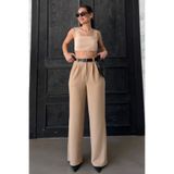 Madmext Bej Çift Pileli Kemerli Pantolon Mg2330,Bej 46