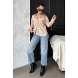 Madmext Bej Çizgili Cepli Kadın Gömlek Mg2345,Bej L