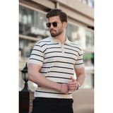 Madmext Bej Çizgili Polo Yaka Triko Erkek T-shirt E7405 - 2XL