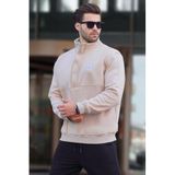 Madmext Bej Dik Yakalı Düğme Detaylı Erkek Sweatshirt 7060,Bej 2XL