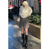 Madmext Bej Ekose Desen Kadın Pileli Etek MG2248