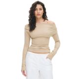 Madmext Bej Kadın Off Shoulder Uzun Kollu Bluz Mg2567,Bej M