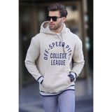Madmext Bej Kapüşonlu Cep Detaylı Baskılı Erkek Sweatshirt 7068,Bej S