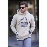 Madmext Bej Kapüşonlu Cep Detaylı Baskılı Erkek Sweatshirt 7068,Bej XL