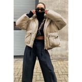 Madmext Bej Oversize Şişme Mont, Cepli, Kapüşonlu, S Beden