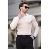 Madmext Bej Polo Yaka Çizgili Uzun Kollu Erkek Kazak 7289 - 2XL