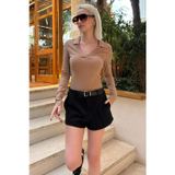 Madmext Bej Polo Yaka Fitilli Kadın Body MG2566