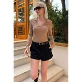 Madmext Bej Polo Yaka Fitilli Kadın Body Mg2566,Bej M