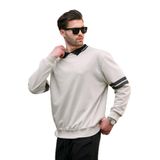 Madmext Bej Polo Yaka Oversize Kolu Şeritli Erkek Sweatshirt 7048,Bej M