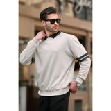 Madmext Bej Polo Yaka Oversize Kolu Şeritli Erkek Sweatshirt 7048,Bej XL