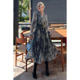 Madmext Bej V Yaka Beli Lastikli Desenli Şifon Elbise Mg2225,Bej S