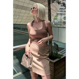 Madmext Bej Yüksek Bel Önden Yırtmaçlı Kısa Etek MG2086 - 3XL