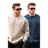 Madmext Bej/Lacivert Bisiklet Yaka Oversize Şardonlu Basic Erkek 2'Li Paket Sweatshirt E7447