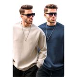 Madmext Bej/Lacivert Bisiklet Yaka Oversize Şardonlu Basic Erkek 2'Li Paket Sweatshirt E7447,Bej/Lacivert M