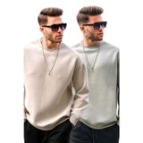 Madmext Bej/MintYeşili Bisiklet Yaka Oversize Şardonlu Basic Erkek 2'Li Paket Sweatshirt E7447
